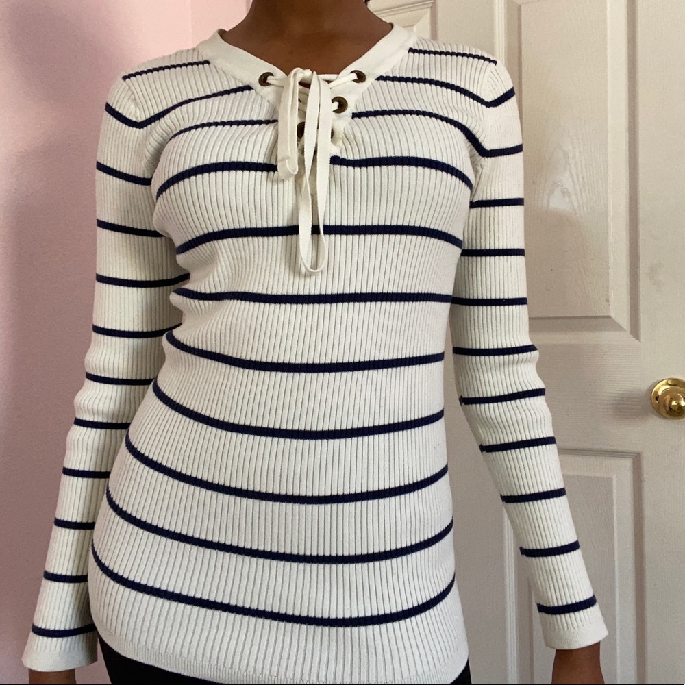 Lace-Up Navy and White Striped Ribbed Sweater